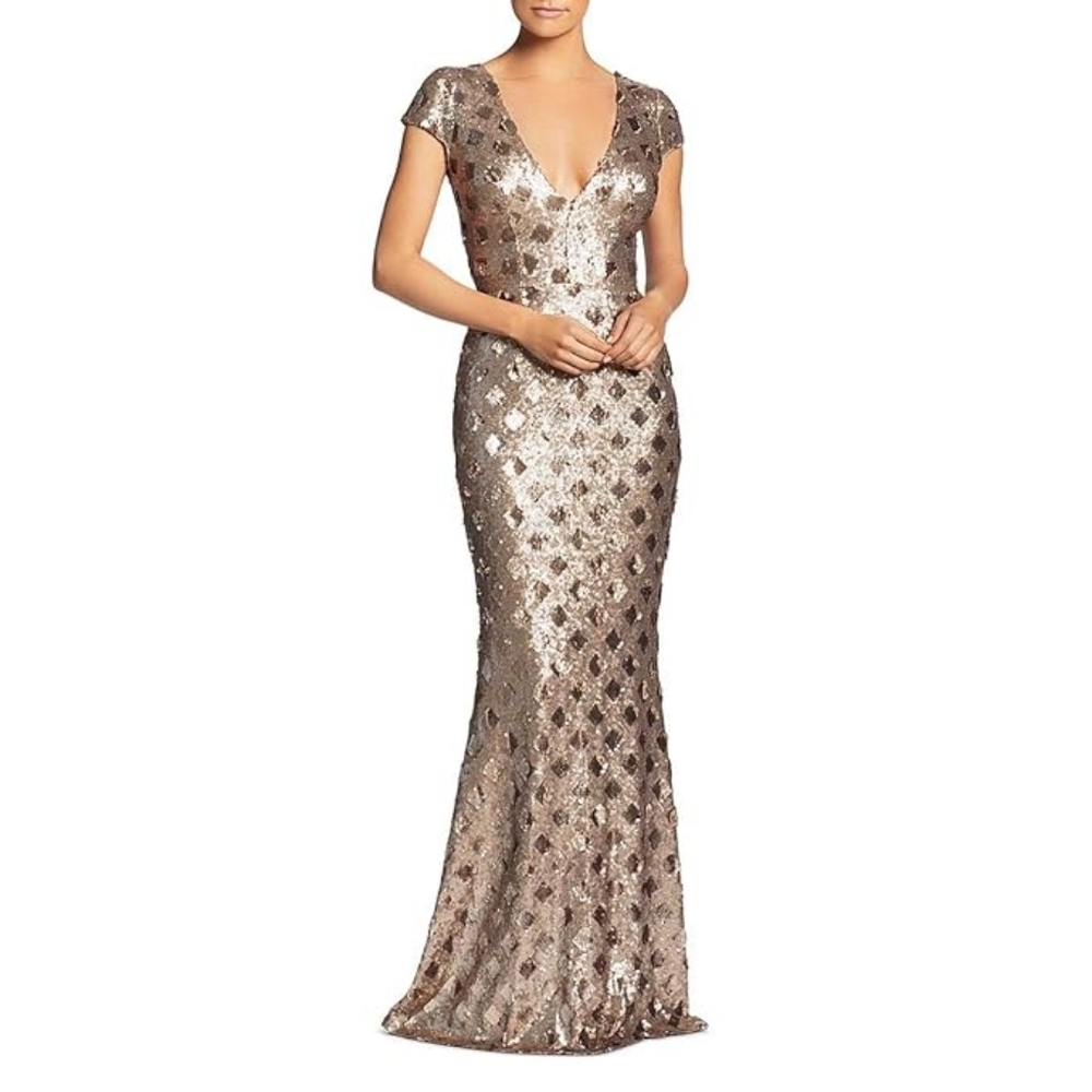Dress The Population Lina Cap Sleeve Gold Sequin Gown Maxi Dress Size S